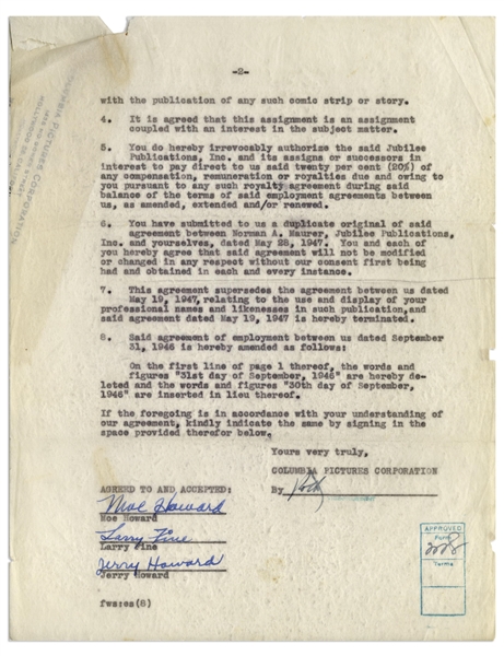 The Three Stooges Signed Agreement With Columbia From 1947, Including Curly's Signature, for Publication of a Comic Strip or Book